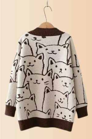 Y2K Cartoon Cat Pattern Knit Cardigan with Pocket - Cozy Winter Streetwear Fashion