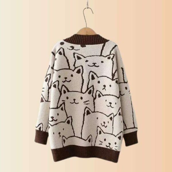 Y2K Cartoon Cat Pattern Knit Cardigan with Pocket - Cozy Winter Streetwear Fashion