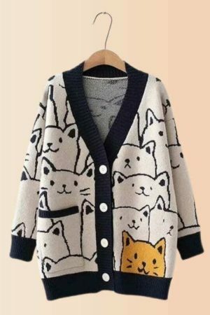 Y2K Cartoon Cat Pattern Knit Cardigan with Pocket - Cozy Winter Streetwear Fashion