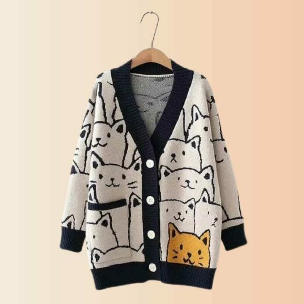 Y2K Cartoon Cat Pattern Knit Cardigan with Pocket - Cozy Winter Streetwear Fashion