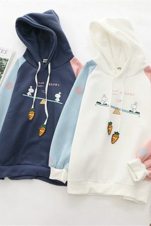 Y2K Cartoon Rabbit Print Patchwork Sleeve Velvet Hoodie