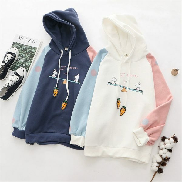 Y2K Cartoon Rabbit Print Patchwork Sleeve Velvet Hoodie