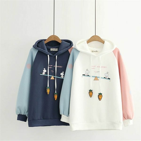 Y2K Cartoon Rabbit Print Patchwork Sleeve Velvet Hoodie