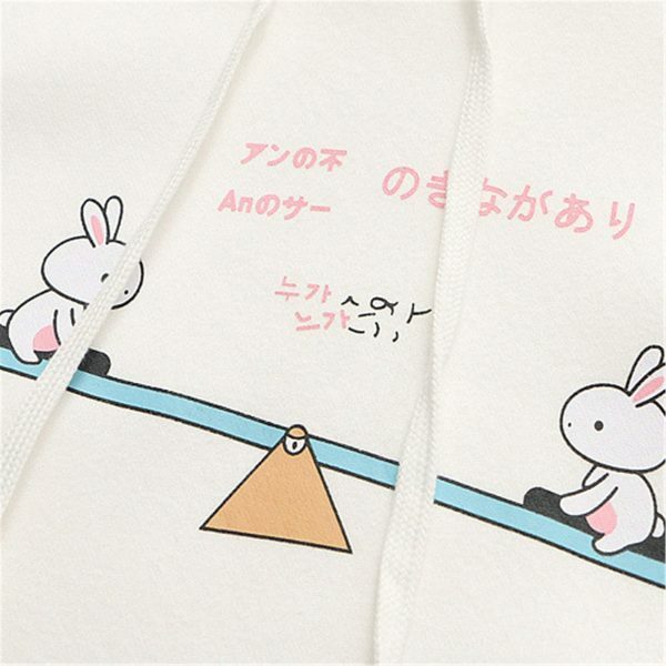 Y2K Cartoon Rabbit Print Patchwork Sleeve Velvet Hoodie