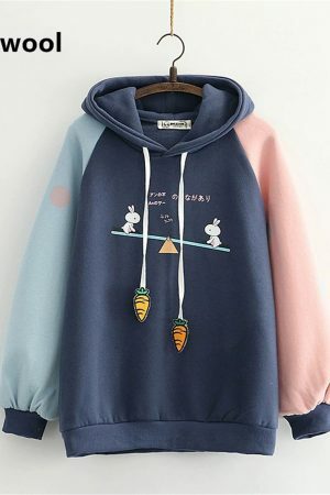 Y2K Cartoon Rabbit Print Patchwork Sleeve Velvet Hoodie