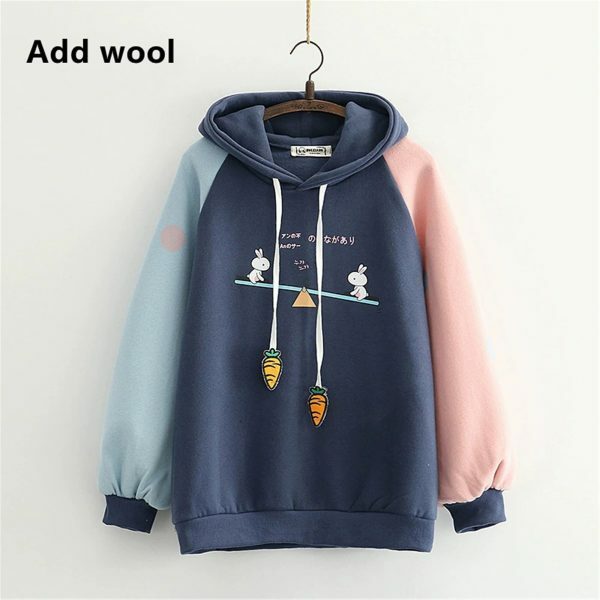 Y2K Cartoon Rabbit Print Patchwork Sleeve Velvet Hoodie