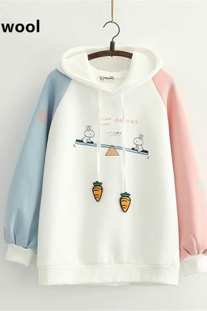 Y2K Cartoon Rabbit Print Patchwork Sleeve Velvet Hoodie