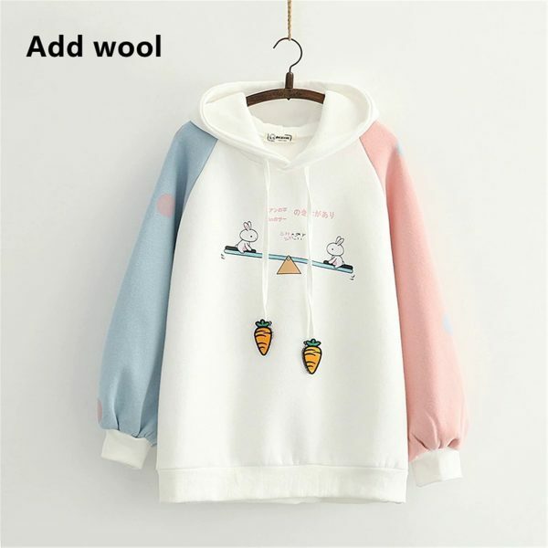 Y2K Cartoon Rabbit Print Patchwork Sleeve Velvet Hoodie