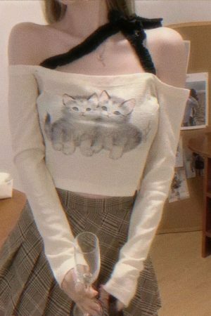 Y2K Cat Print Halter Streetwear Top