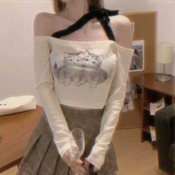 Y2K Cat Print Halter Streetwear Top