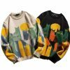 Y2K Cat Print Knitted Sweater - Streetwear Vintage Pullover