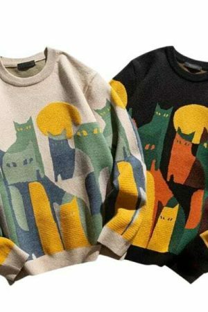 Y2K Cat Print Knitted Sweater - Streetwear Vintage Pullover