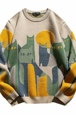 Y2K Cat Print Knitted Sweater - Streetwear Vintage Pullover