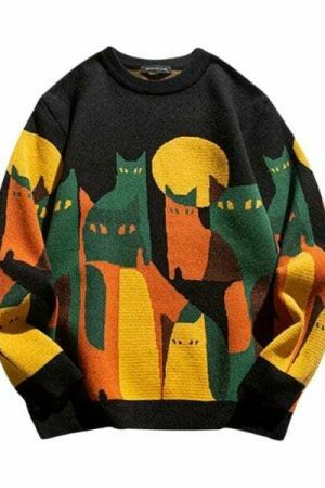 Y2K Cat Print Knitted Sweater - Streetwear Vintage Pullover