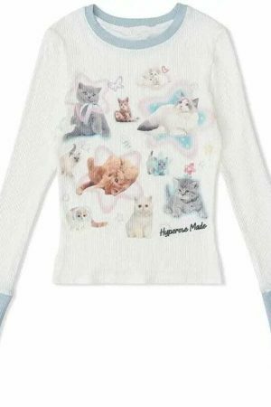 Y2K Cat Print Streetwear Shirt