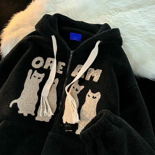 Y2K Cat Zip-Up Hoodie - Trendy Streetwear with Y2K Aesthetics