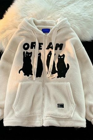 Y2K Cat Zip-Up Hoodie - Trendy Streetwear with Y2K Aesthetics