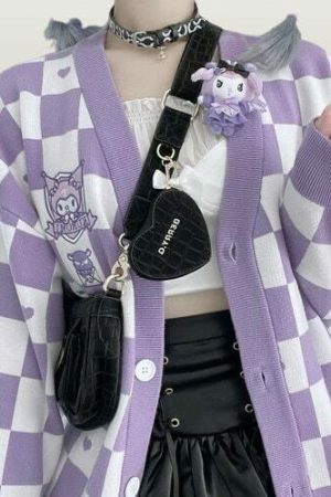 Y2K Checkerboard Embroidered Cardigan Sweater for Women