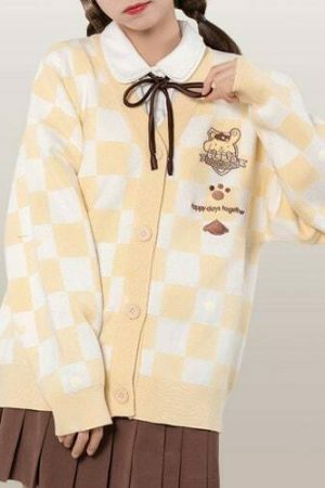 Y2K Checkerboard Embroidered Cardigan Sweater for Women