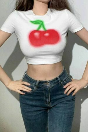 Y2K Cherry Print Baby Crop Top - Streetwear Aesthetic Graphic Tee