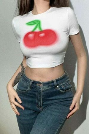 Y2K Cherry Print Baby Crop Top - Streetwear Aesthetic Graphic Tee