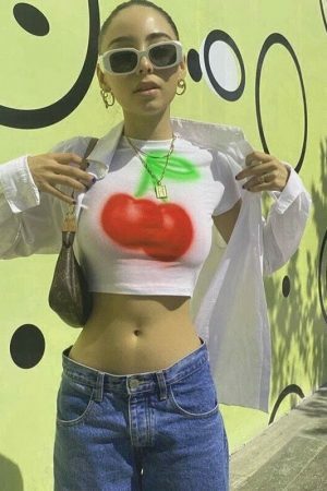 Y2K Cherry Print Baby Crop Top - Streetwear Aesthetic Graphic Tee