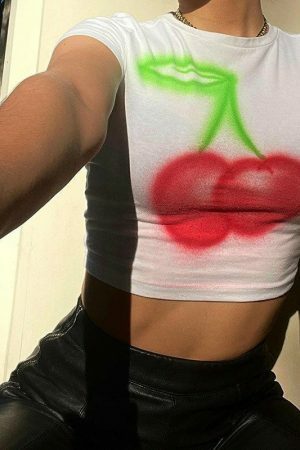 Y2K Cherry Print Baby Crop Top - Streetwear Aesthetic Graphic Tee