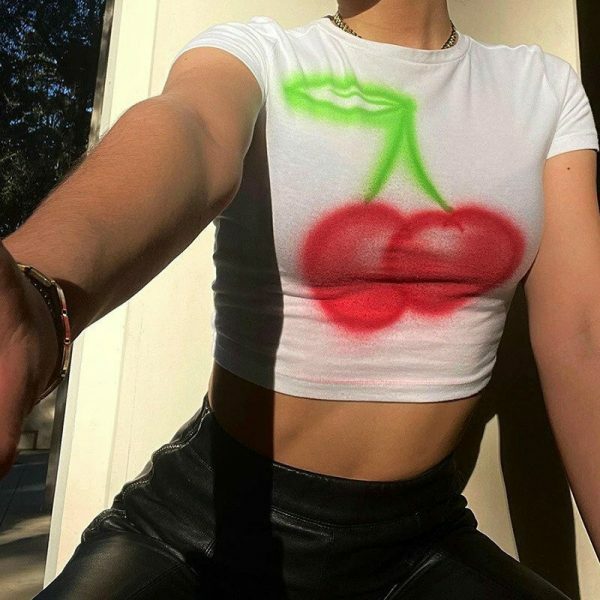 Y2K Cherry Print Baby Crop Top - Streetwear Aesthetic Graphic Tee