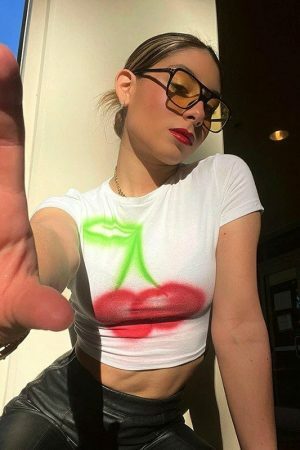 Y2K Cherry Print Baby Crop Top - Streetwear Aesthetic Graphic Tee