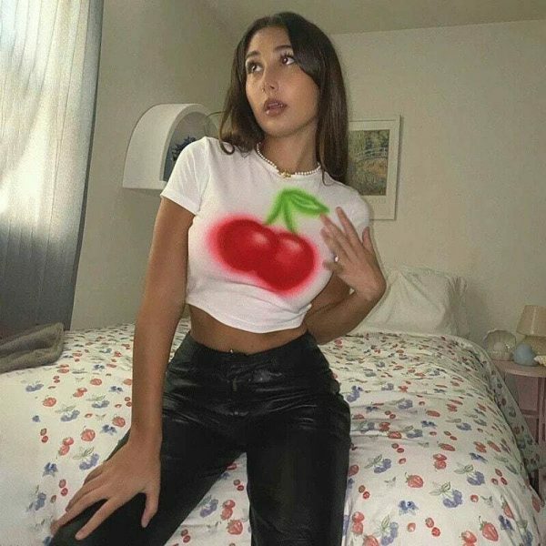 Y2K Cherry Print Baby Crop Top - Streetwear Aesthetic Graphic Tee