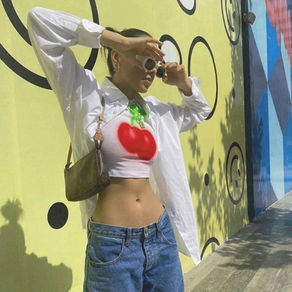 Y2K Cherry Print Baby Crop Top - Streetwear Aesthetic Graphic Tee