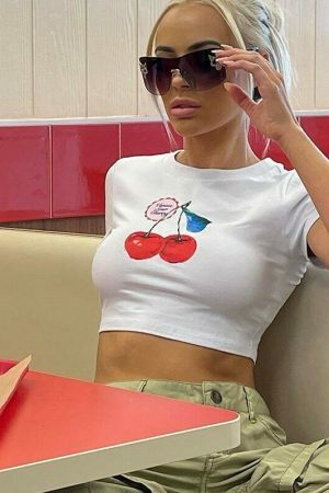 Y2K Cherry Print White Crop Top - Trending Streetwear Aesthetic