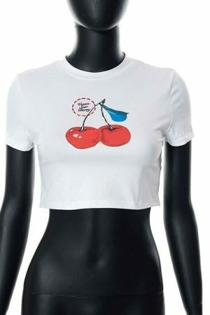 Y2K Cherry Print White Crop Top - Trending Streetwear Aesthetic