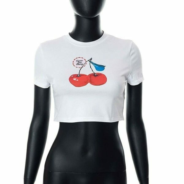 Y2K Cherry Print White Crop Top - Trending Streetwear Aesthetic