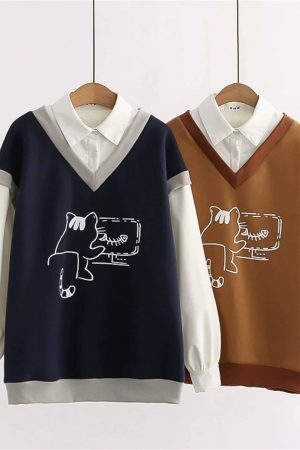 Y2K Collared Cashmere Sweater Set: Polo & Hoodie