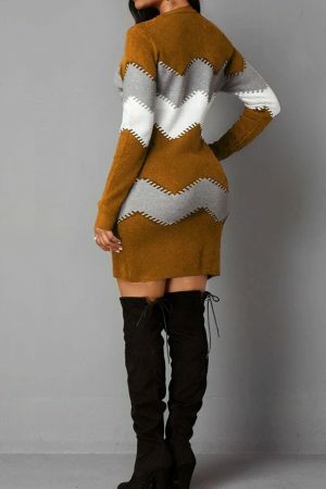 Y2K Color Shift Knit Sweater Dress for Women - Long Sleeve Streetwear Jumper