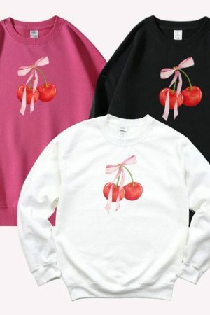 Y2K Coquette Bow Cherries Sweatshirt - Streetwear Dollcore Balletcore Aesthetic - Sustainable Heavyweight Cotton Crewneck