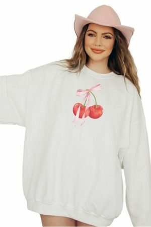 Y2K Coquette Bow Cherries Sweatshirt - Streetwear Dollcore Balletcore Aesthetic - Sustainable Heavyweight Cotton Crewneck