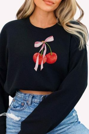 Y2K Coquette Bow Cherries Sweatshirt - Streetwear Dollcore Balletcore Aesthetic - Sustainable Heavyweight Cotton Crewneck