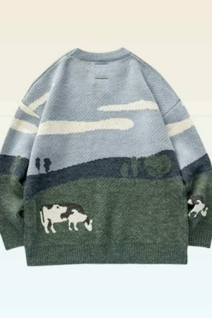 Y2K Cow Print Embroidered Knit Sweater - Streetwear Aesthetic