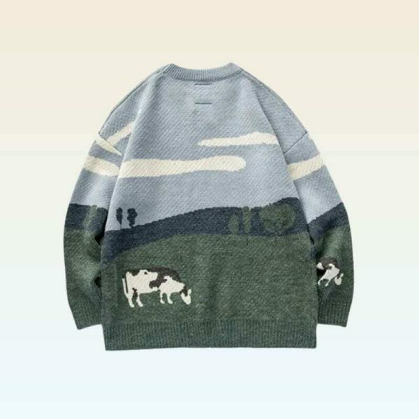 Y2K Cow Print Embroidered Knit Sweater - Streetwear Aesthetic