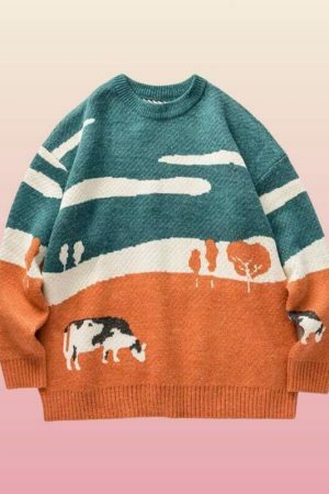 Y2K Cow Print Embroidered Knit Sweater - Streetwear Aesthetic