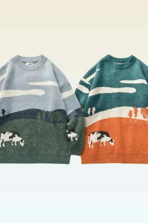 Y2K Cow Print Embroidered Knit Sweater - Streetwear Aesthetic