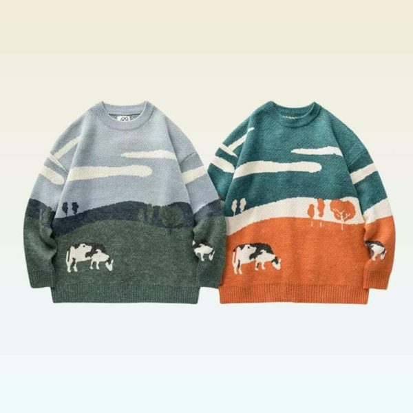 Y2K Cow Print Embroidered Knit Sweater - Streetwear Aesthetic