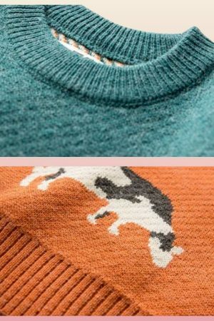 Y2K Cow Print Embroidered Knit Sweater - Streetwear Aesthetic