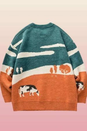 Y2K Cow Print Embroidered Knit Sweater - Streetwear Aesthetic