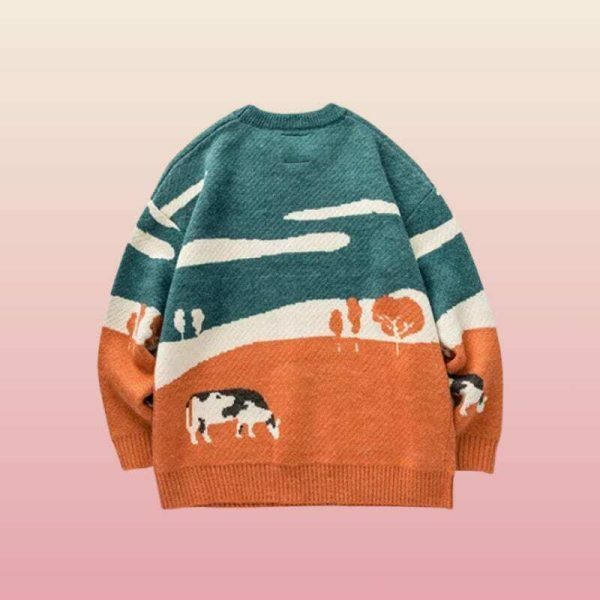 Y2K Cow Print Embroidered Knit Sweater - Streetwear Aesthetic