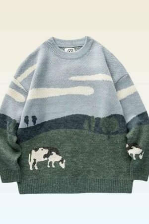 Y2K Cow Print Embroidered Knit Sweater - Streetwear Aesthetic