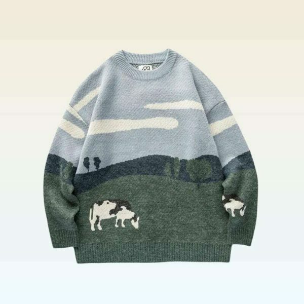 Y2K Cow Print Embroidered Knit Sweater - Streetwear Aesthetic