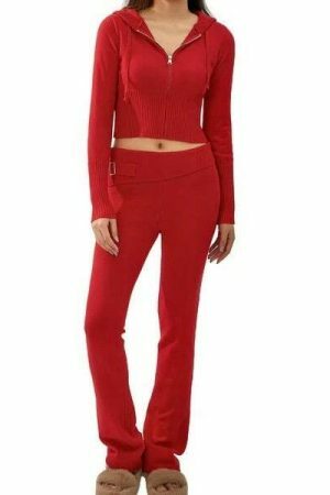 Y2K Cozy Ribbed Knit Lounge Set: Long Sleeve Zip Up Hoodie & High Waist Wide Leg Pant - Casual Streetwear Ensemble Women